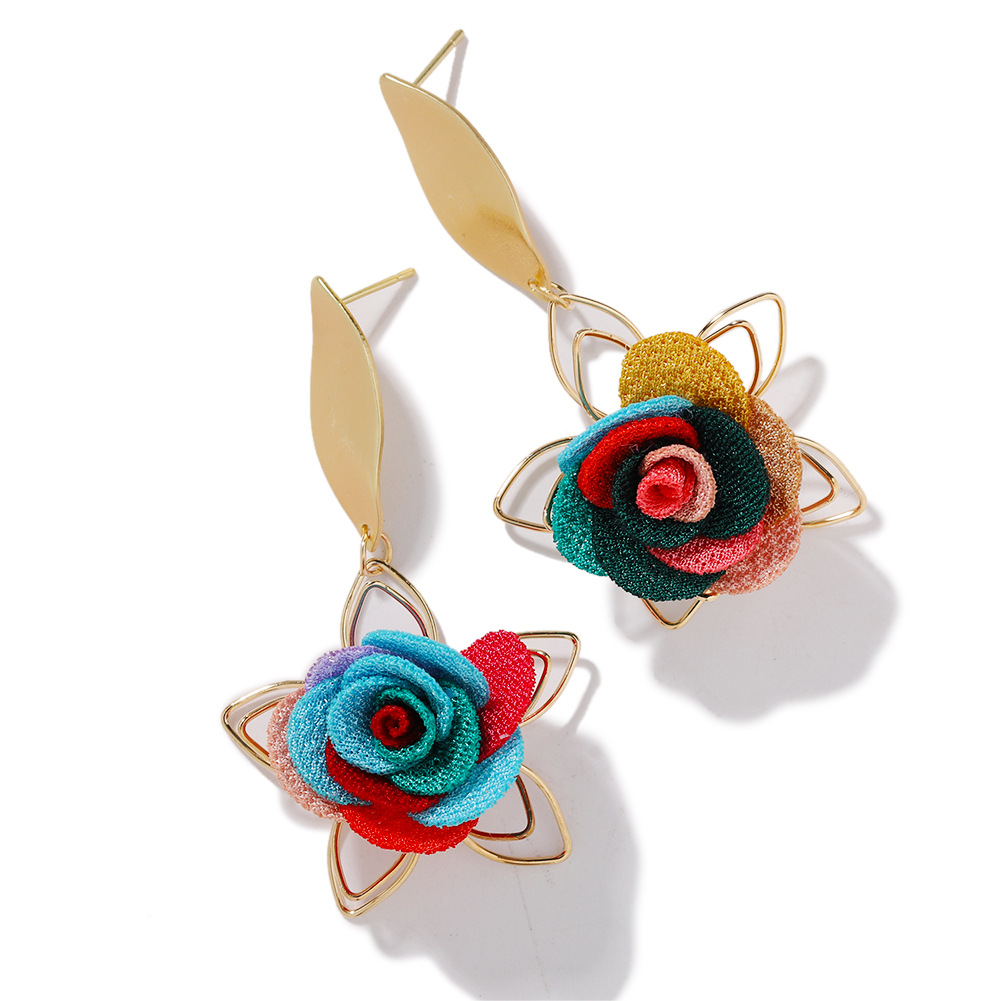 Exquisite Hollow Fabric Flower Earrings Female Korean Fashion New Alloy Pentagram Earrings Female display picture 7