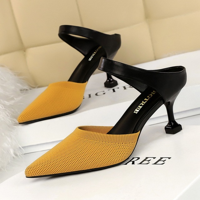 Korean fashion daily Baotou slippers high heel hollow out one word with light mouth sharp head and color match
