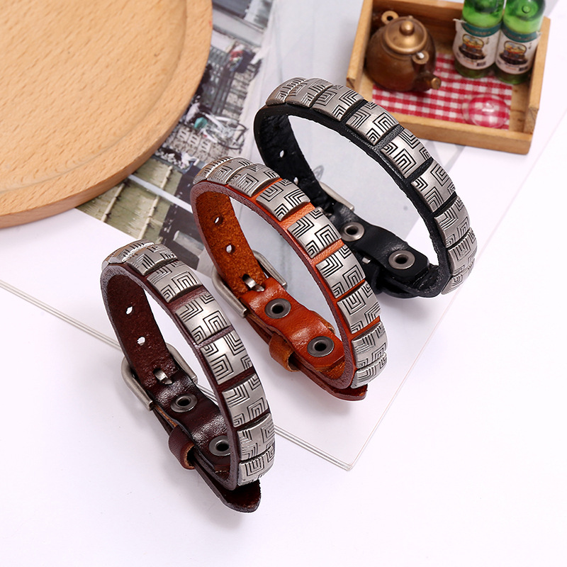 Hot-selling  punk fashion retro simple and versatile adjustable men’s jewelry cowhide bracelet nihao