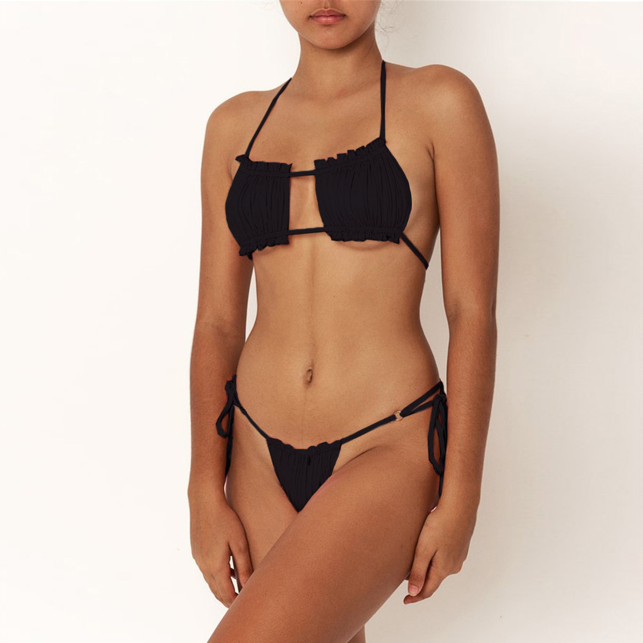 Bikini 2022 Export European and American Split Bikini Pure Color Swimsuit Polka Dot Strap Pleated Tube Top Swimsuit