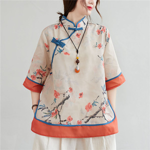 Republic of China women's Chinese style Tang suit Female Retro buckle Hanfu Chinese style cheongsam top cotton and linen tea clothes