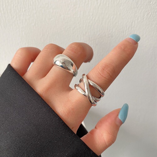 Japanese and Korean version of heavy industry 925 silver line cross ring female personality retro ins simple geometric glossy open ring