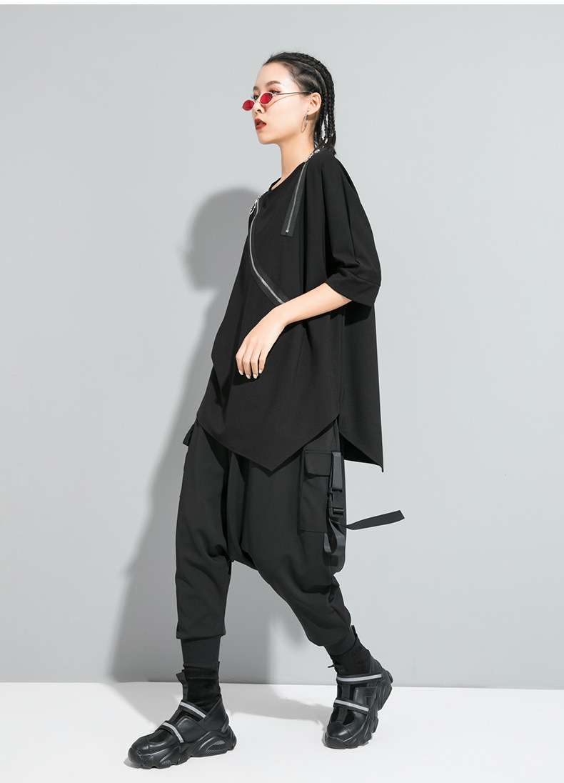 Model wearing Asymmetrical Zip-Up Pullover Tee