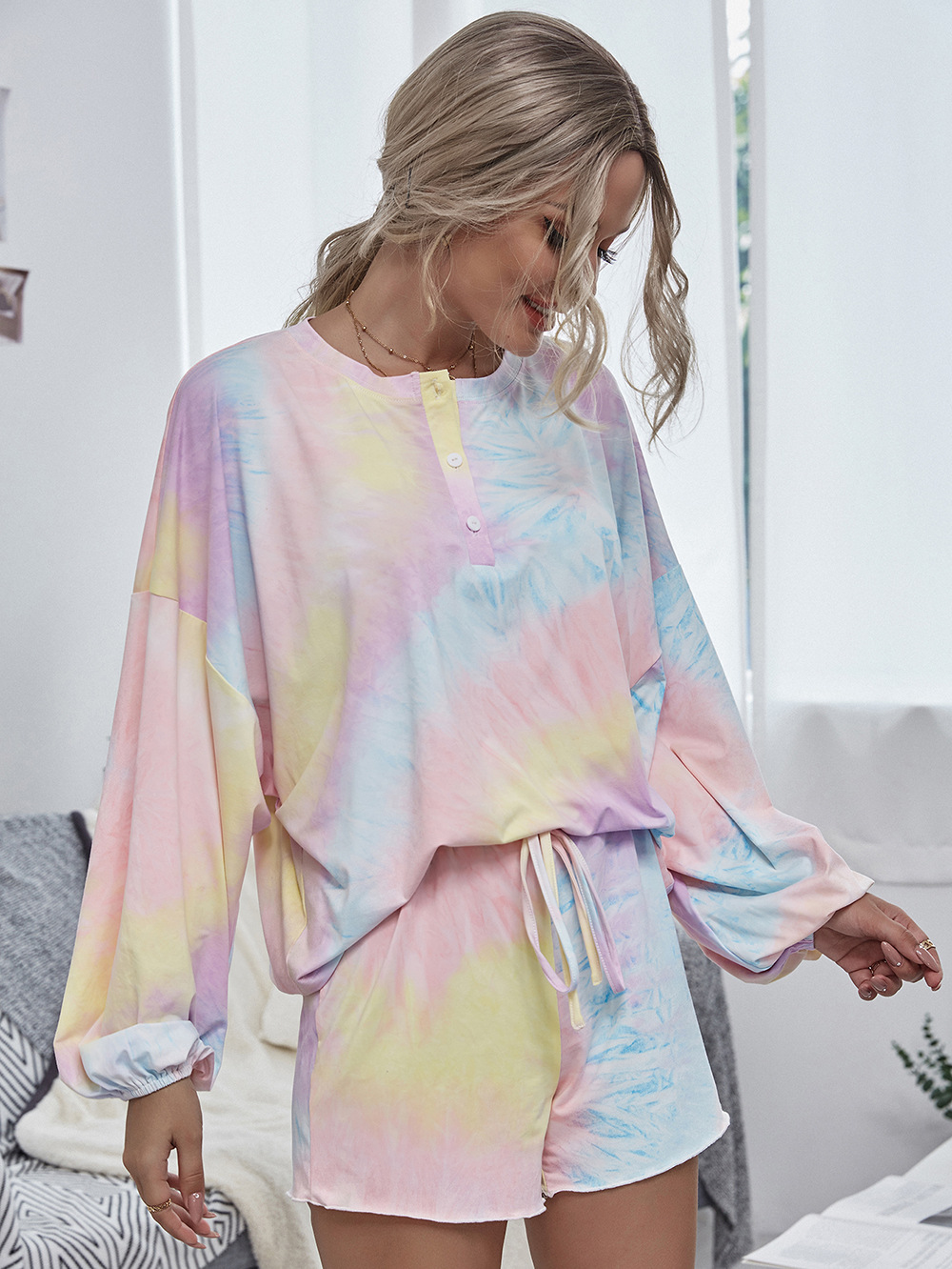   comfortable breathable long-sleeved tie-dye home wear two-piece ladies suit NSDF1281