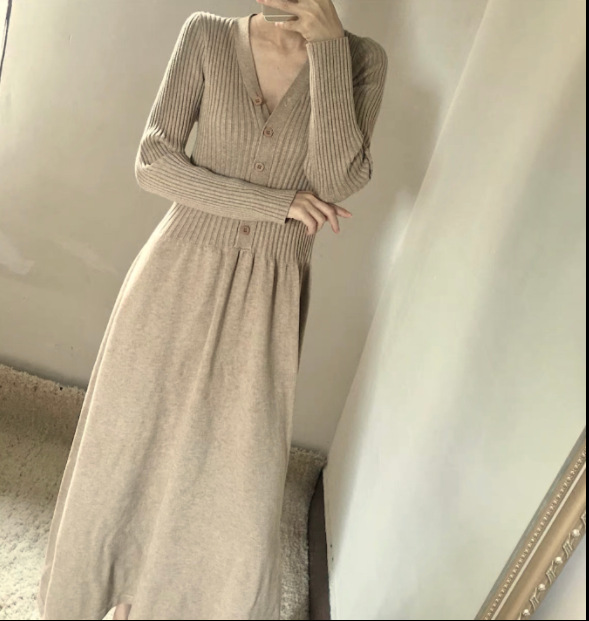 Autumn and winter new pattern Cardigan temperament Waist Dress Retro French Overknee longuette Knitted sweater