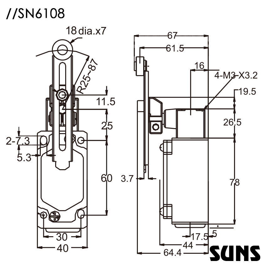 SUNS美国三实金属壳体行程开关SN6108-SP-C安全限位开关尺寸图