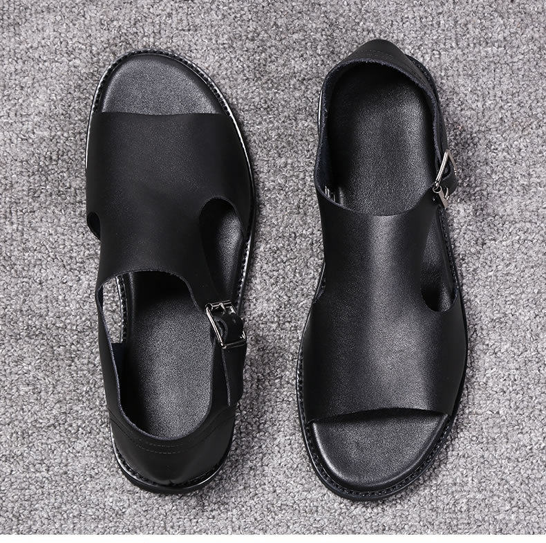 Dép sandal nam quai ngang kiểu La Mã, da bò, hở ngón, đế mềm thoáng khí — Màu đen chi tiết 9