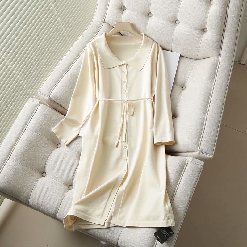 Pure Color Polo Lapel Lace Up Waist Long Sleeve Dress  NSAM5864