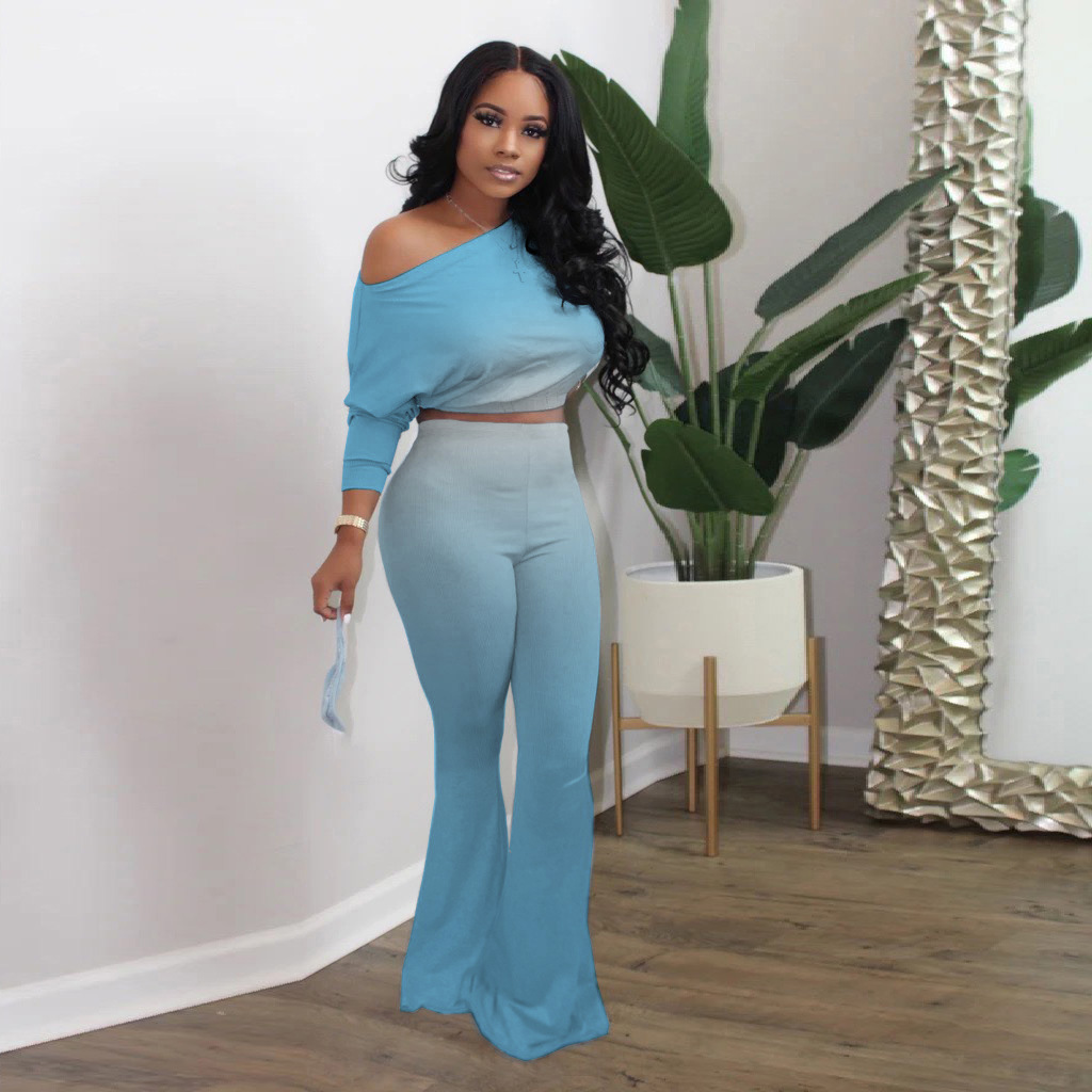 Gradient Color Oblique Shoulder Top & Flared Pants 2 Piece Set NSBTY96953