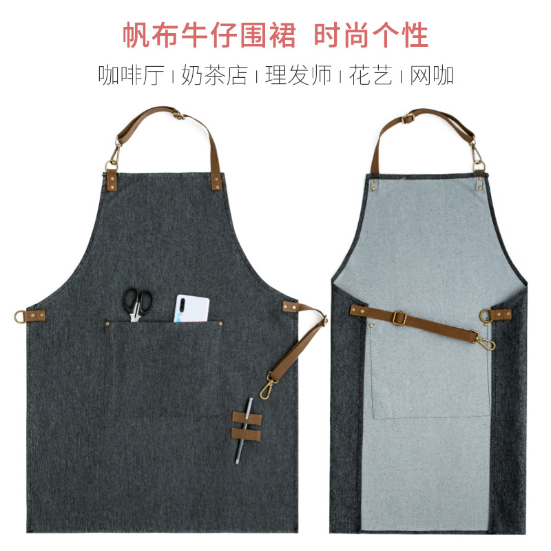 Delantal Denim lienzo impreso logotipo impresión cafetería camarero ropa de trabajo cintura anti-fouling resistente a las manchas resistente al desgaste