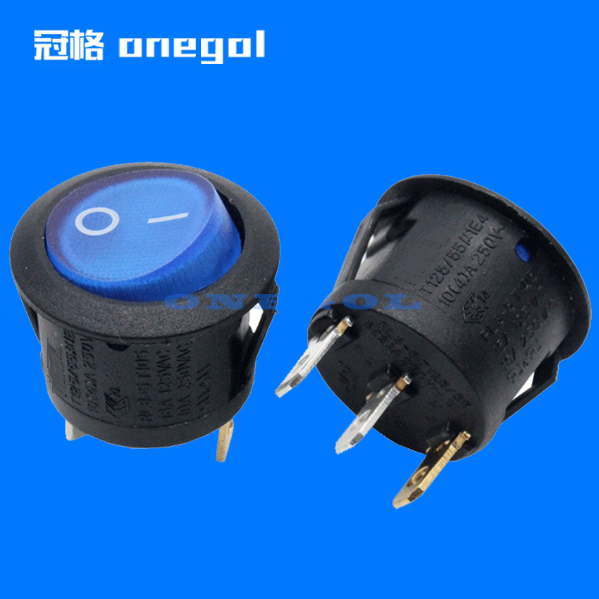 船型翘板开关 圆形三脚二档带蓝灯 圆型23mm 咖啡机灯具船形开关