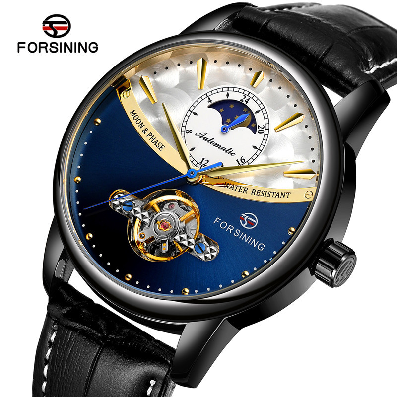 Forsining Fusini 8179 cinturón hombres de negocios reloj mecánico automático transparente inferior hueco reloj hombres