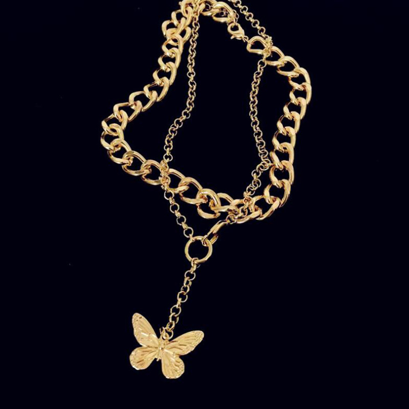 New Fashion Exaggerated Thick Chain Butterfly Necklace Personality Double Neck Chain Hip Hop Pendant Short Clavicle Chain Wholesale Nihaojewelry display picture 6