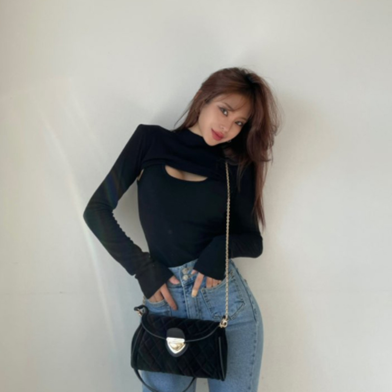 spring and autumn new chest hollow long-sleeved high-neck slim T-shirt two-piece NSXE25441