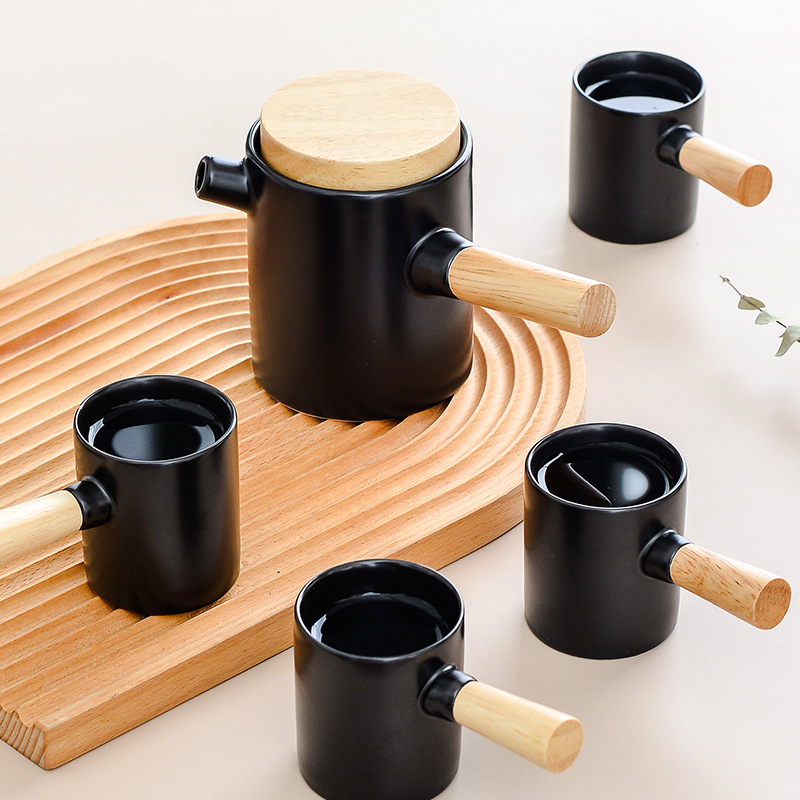 Manija de madera personalizada mango lateral olla una olla cuatro tazas con filtro de té creativo juego de té japonés caja de regalo embalaje logotipo personalizado