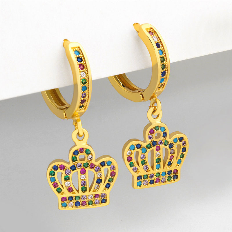 New  Micro-inlaid Color Zircon Crown Fashion Five-pointed Star Cooper Earrings display picture 4