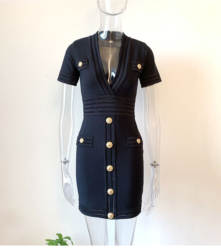 Spring Knitted Short Sleeved V neck Dress Sheath Army Green Black Texture
