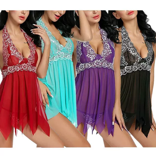 New European and American Explosions Sling Deep V Mesh Perspective Nightdress Comfortable Lace plus size Nightdress Source Wholesale