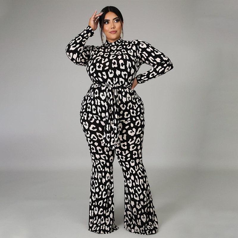 plus size black leopard print long-sleeved straps wide-leg jumpsuit NSLNW137017