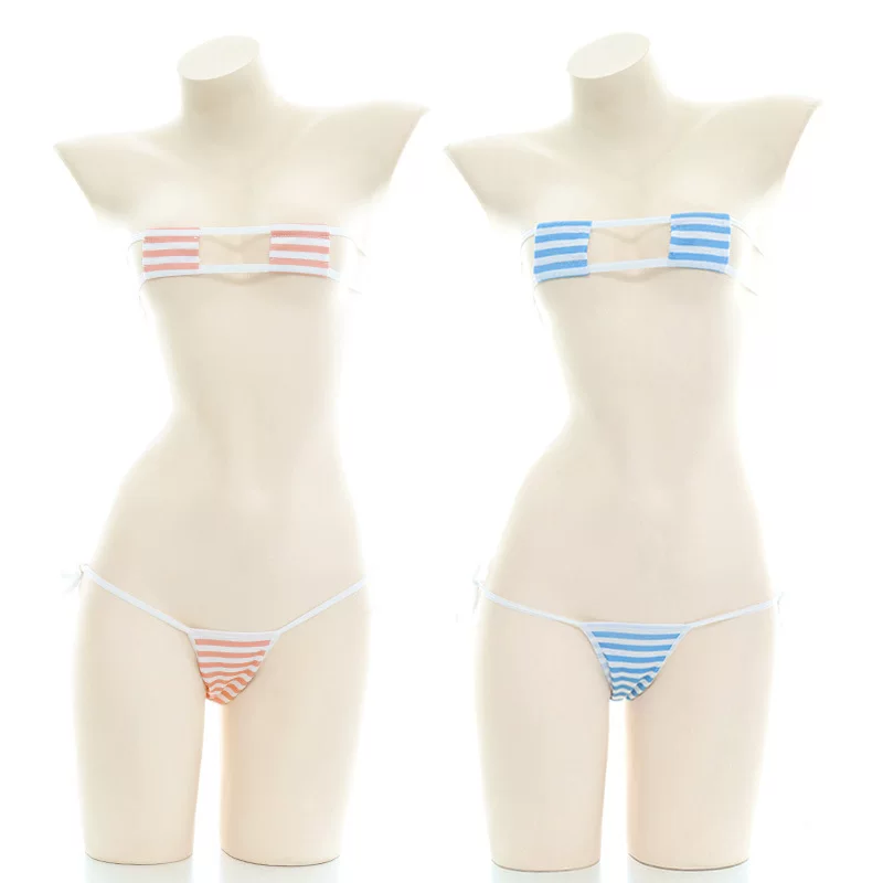 Женские бикини-трилистники, полосатые синие или пудрово-белые, one size fits all