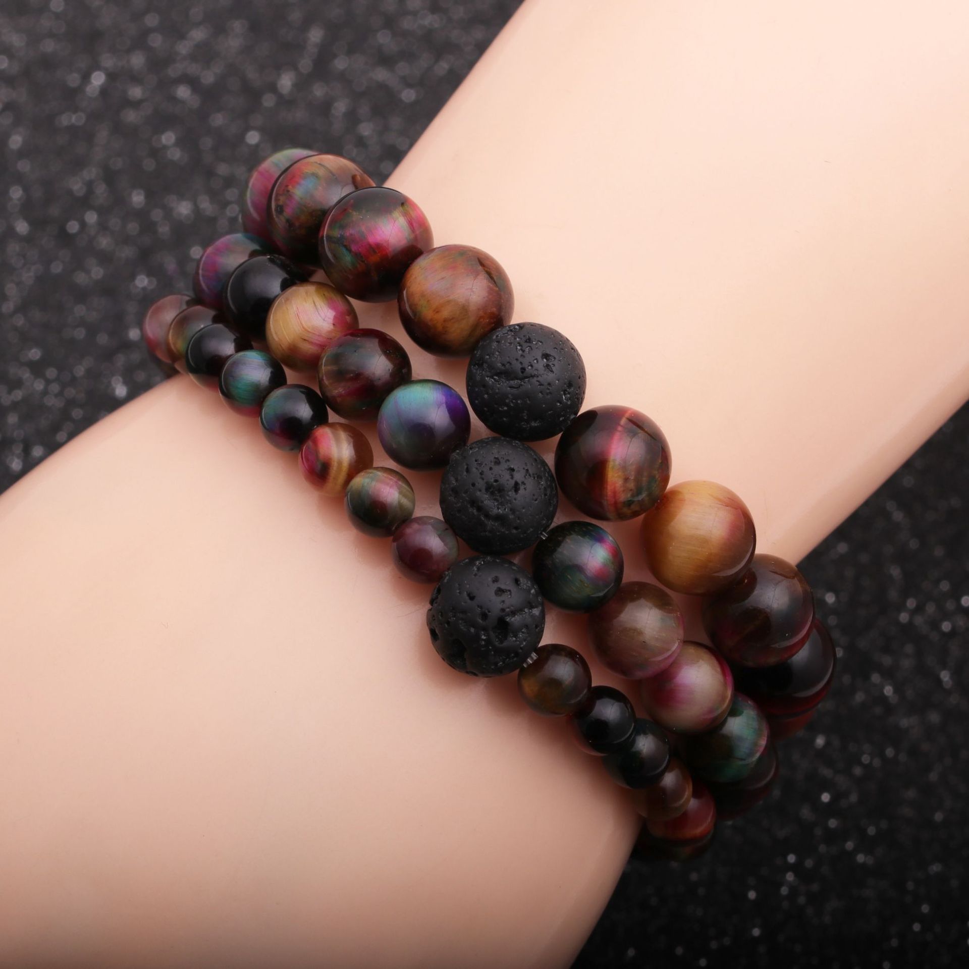 New Peacock Tiger Eye Stone Volcanic Stone Beaded Bracelet display picture 1