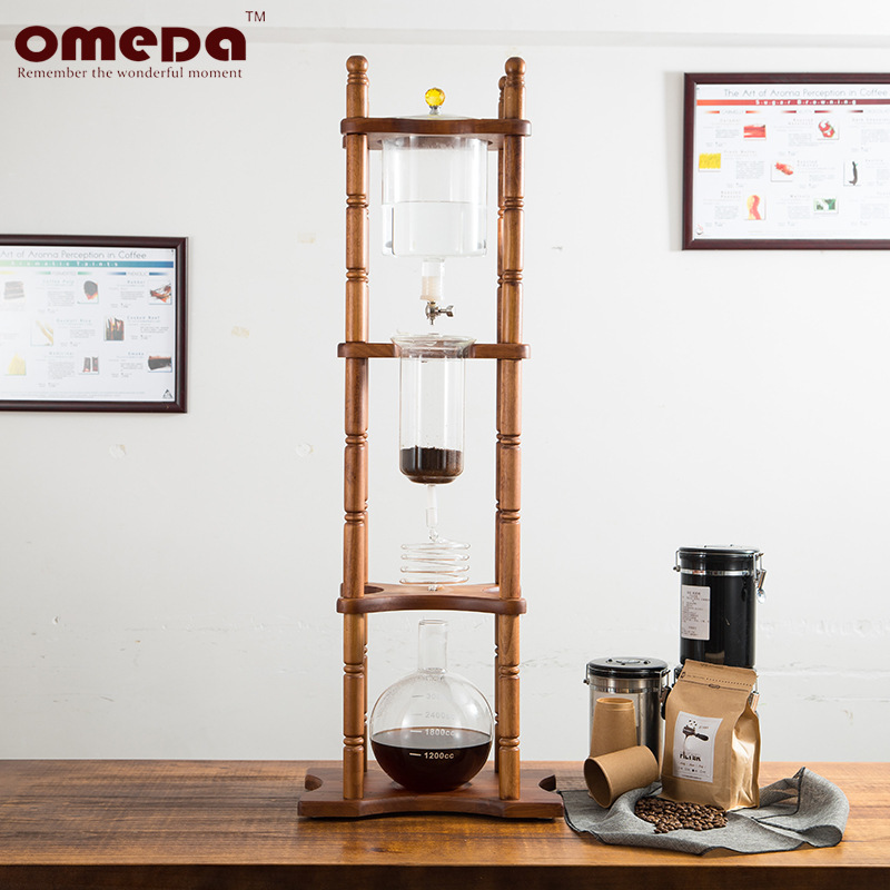 Commercial and Home Use 25-Serving Ice Drip Coffee Maker, Iced Coffee and Iced Tea Brewing Set with Wooden Stand and Glass Carafe