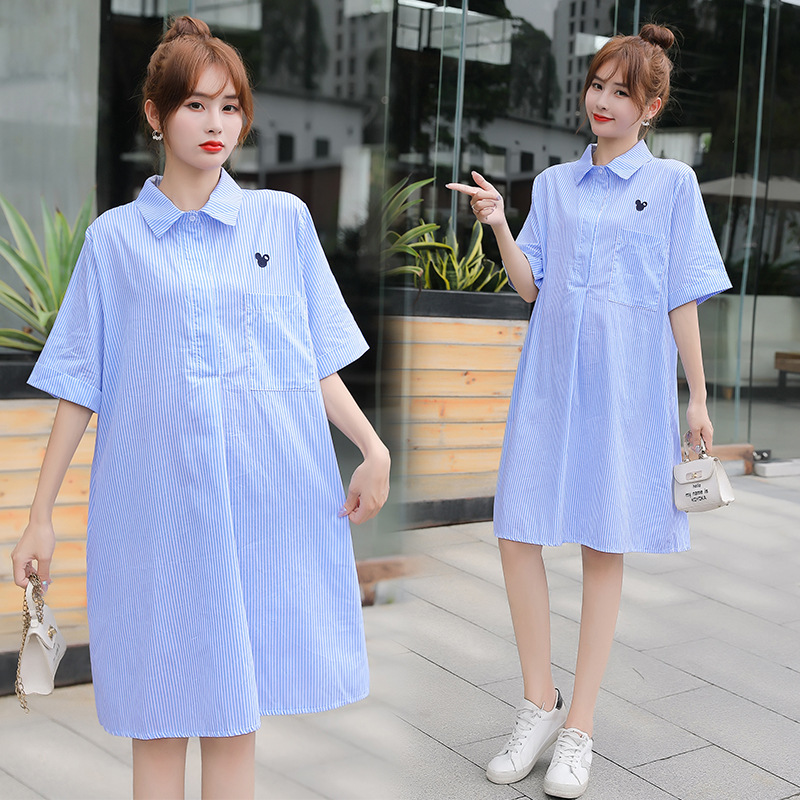 2025 Summer Internet Celebrity Striped Maternity Shirt High-Quality Short-Sleeve Plus Size Dress Trendy