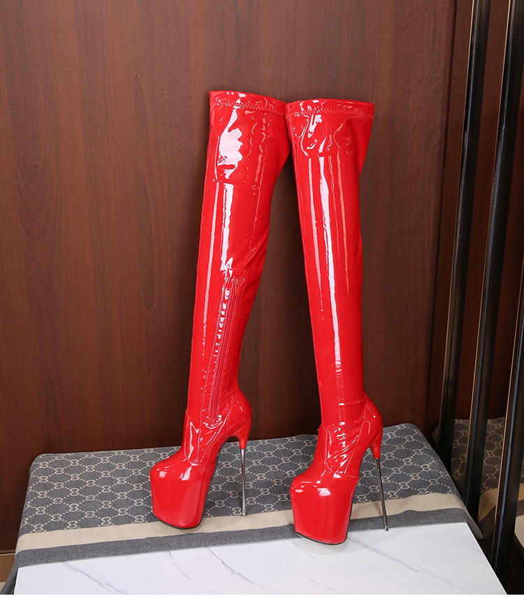 Boot nữ cổ thấp gót nhọn kim loại phong cách Âu Mỹ — 19cm gót nhọn da sáng chế đỏ chi tiết 17