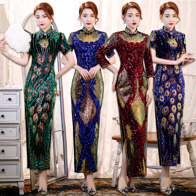 Women sequined chinese dress qipao dress Colorful velvet sequins stage catwalk cheongsam dress retro Chinese style host singers stage Performance cheongsam