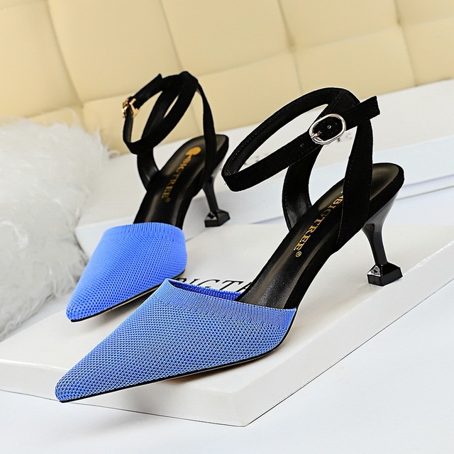 Korean fashion versatile women’s shoes with thin heel high-heeled wool color matching light mouth pointed hea