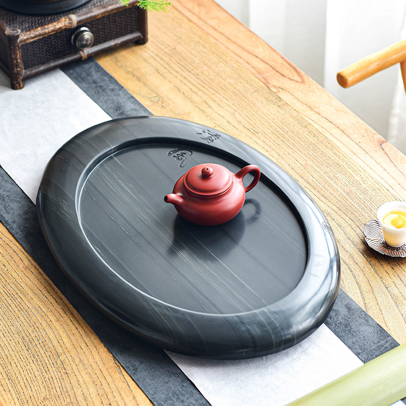 整块乌金石茶盘天然石头茶台新中式功夫茶具茶海木纹石简约茶托盘