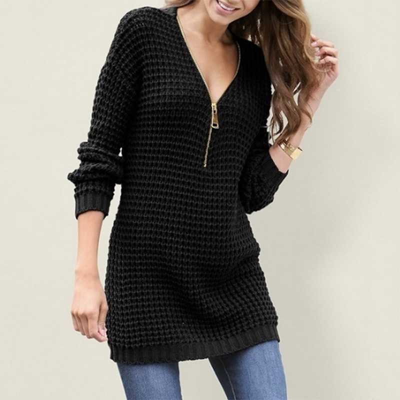 Nuevo suéter de moda para mujer 2026, estilo europeo y americano, suéter vestido con cremallera y cuello en V de longitud media, superventas en AliExpress