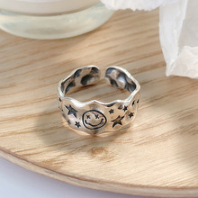 韩版S925纯银个性不规则凹凸面星星戒指简约笑脸复古女银指环饰品