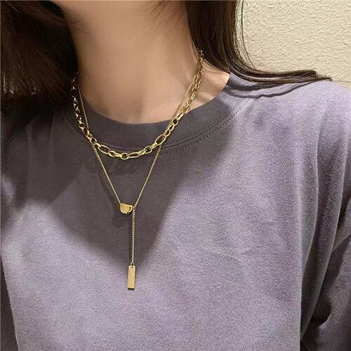 Titanium steel non-fading double layer stacked lucky bean necklace women's clavicle chain 2020 new high-end sweater chain
