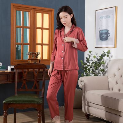 睡衣女夏季仿真絲長袖抖音網絡款套裝女士家居服睡衣