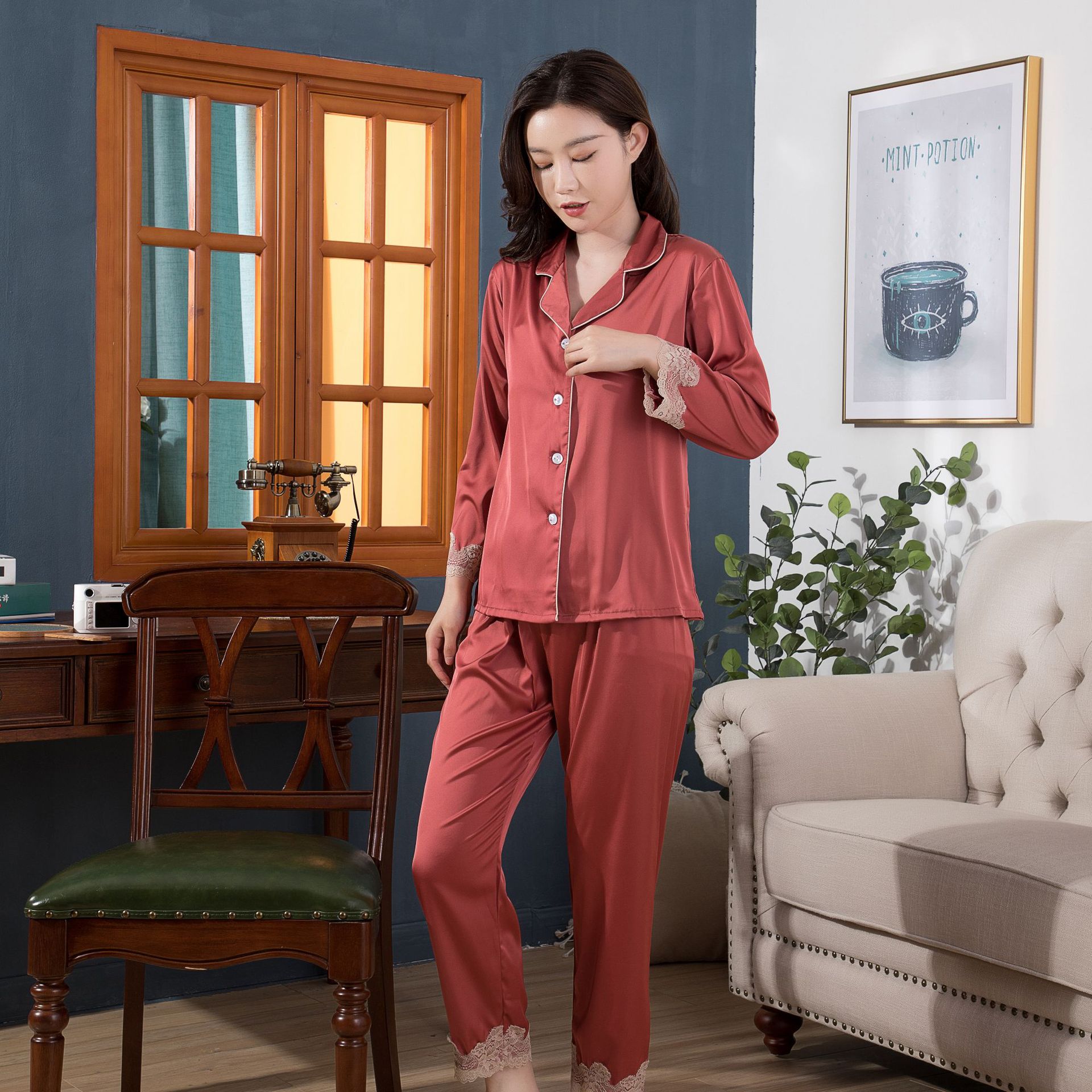 睡衣女夏季仿真絲長袖抖音網絡款套裝女士家居服睡衣