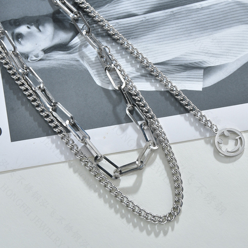 Korean smiley face doublelayer titanium steel clavicle chain hip hop vibrato necklacepicture2