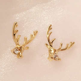 s925银时尚潮人韩版可爱小鹿角鹿头耳钉女圣诞麋鹿角森系清新耳饰