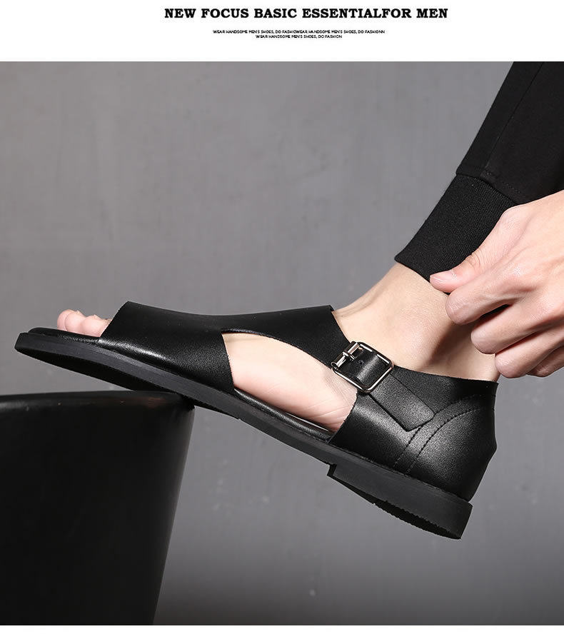 Dép sandal nam quai ngang kiểu La Mã, da bò, hở ngón, đế mềm thoáng khí — Màu đen chi tiết 15