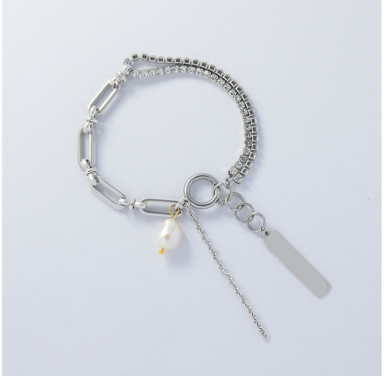 Minimalist Style Cross Chain Flower Pearl Silver Full Diamond Titanium Steel Bracelet Necklace Set For Women display picture 7