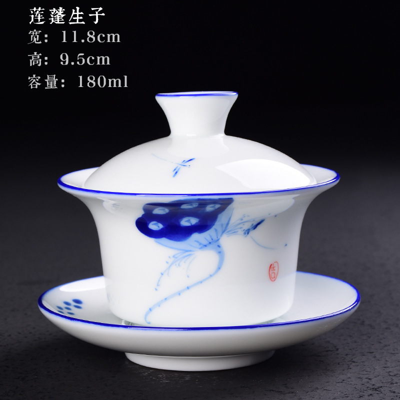 Cubierta pintada a mano Tazón Taza de té de cerámica juego de té de Kung Fu hogar tamaño pequeño Tazón de té Taza blanca tostada de porcelana Taza de té de tres piezas cubierta Tazón