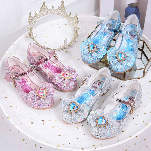 Korean version of new girls' princess shoes Elsa Princess bow sequin women's shoes flat shoes direct supply from the manufacturer