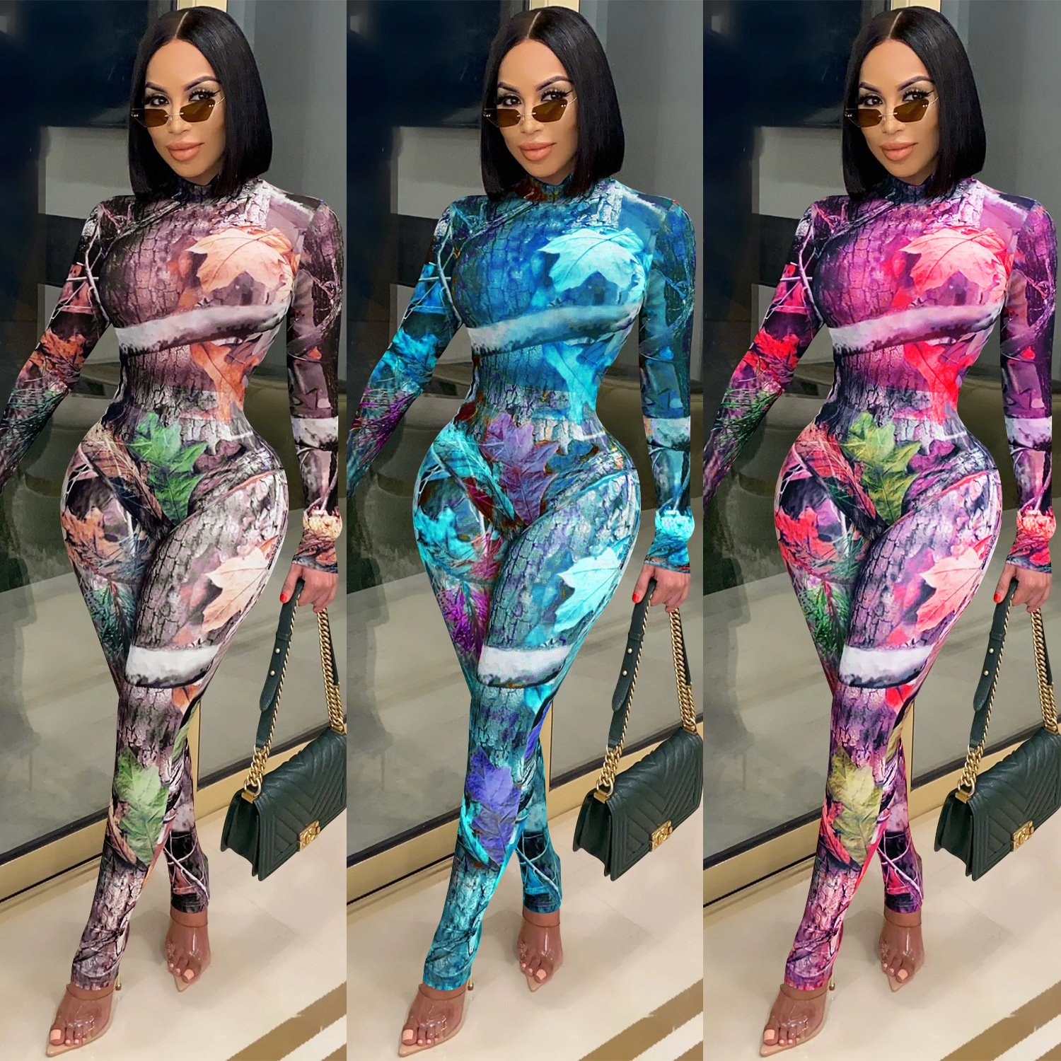 Long Sleeve One-Piece Top Slim Trouser Perspective Mesh Print 2 Piece Set NSFYZ112485