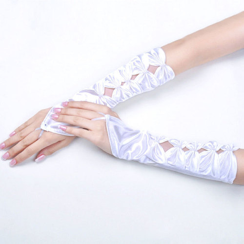 Hook Finger Bridal Wedding Gloves Fingerless Butterfly Beads Hollow Women's Wedding Long Satin Sleeves White Off-White