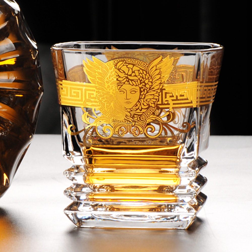 跨境水晶玻璃威士忌洋酒杯四方杯子啤酒杯花纸古典杯喝酒酒杯子