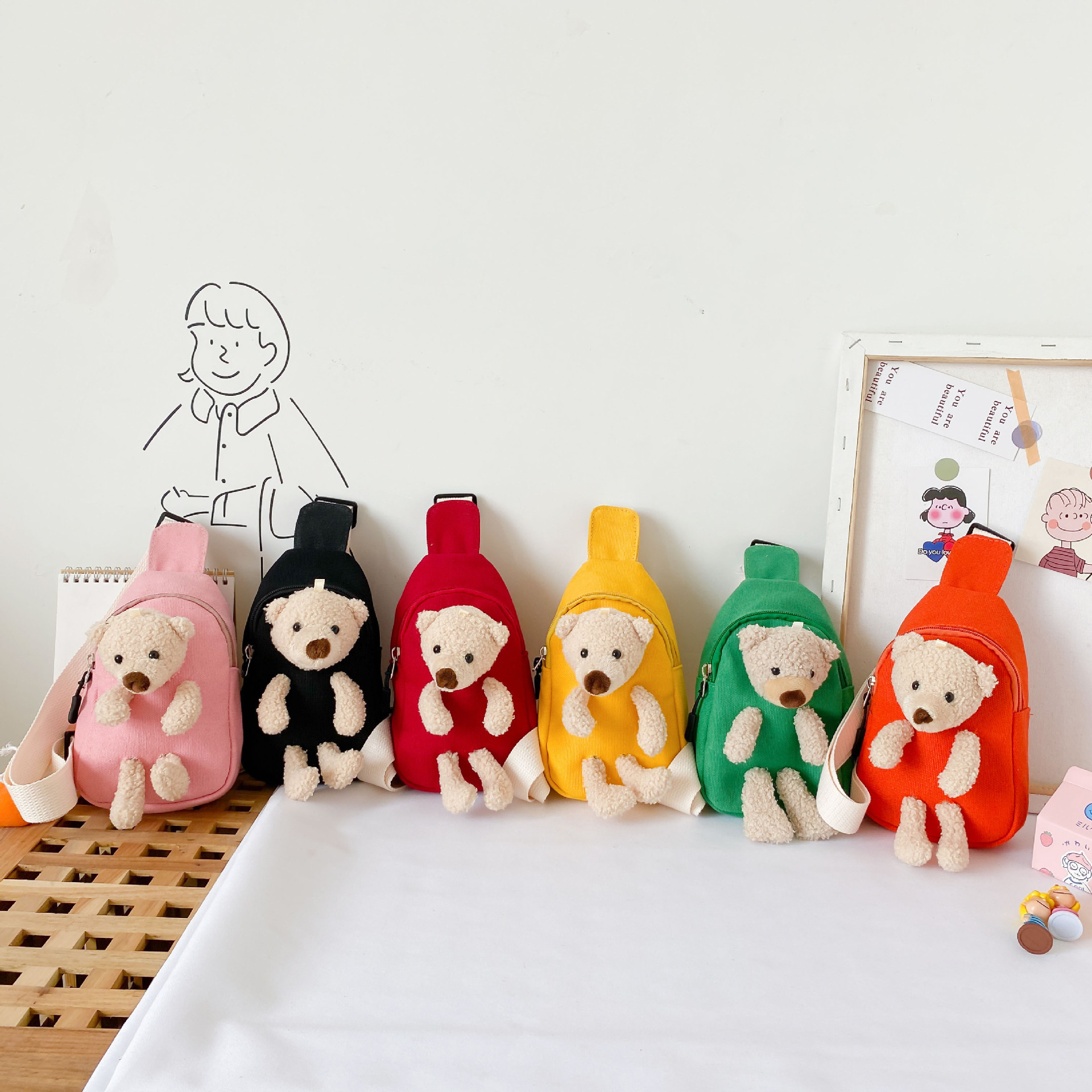 Estilo coreano niños de dibujos animados pecho bolsa niños y niñas moda lindo hombro mensajero bolsa niños bebé oso bolsa de lona