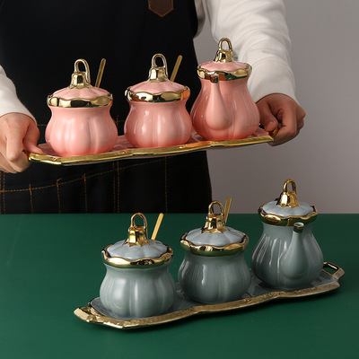 Japanese household ceramics Seasoning bottles Seasoning Box Lecythus Vinegar pot Sauce pot Storage Condiment pot combination suit