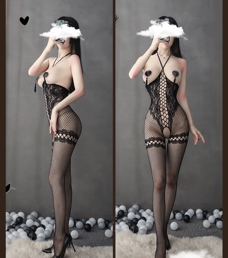 Женская сетчатая боди-колготка без рукавов с оголовьем- halter, открытым промежностью, черная, один размер