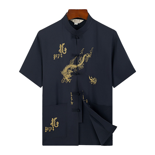 Men chinese Tang style costumes  men embroidery Longguo panbutton short sleeve T-shirt National Men shirt