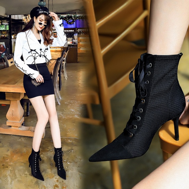 Slim heel high heel suede pointed cross strap fashion lace up boots